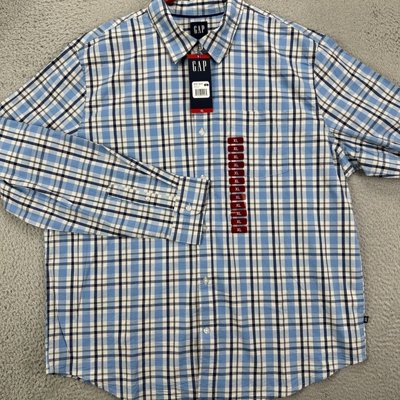 Gap Poplin Button Up Shirt Adult XL Blue Grey Plaid Long Sleeve Stretch Mens NEW